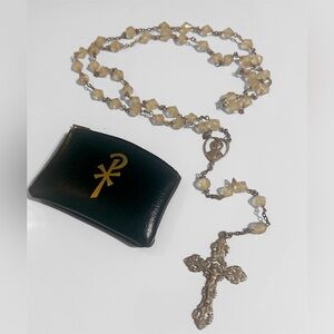 Vintage Sterling Silver Lajarco Crystal Glass Rosary Prayer Beads  With Pouch